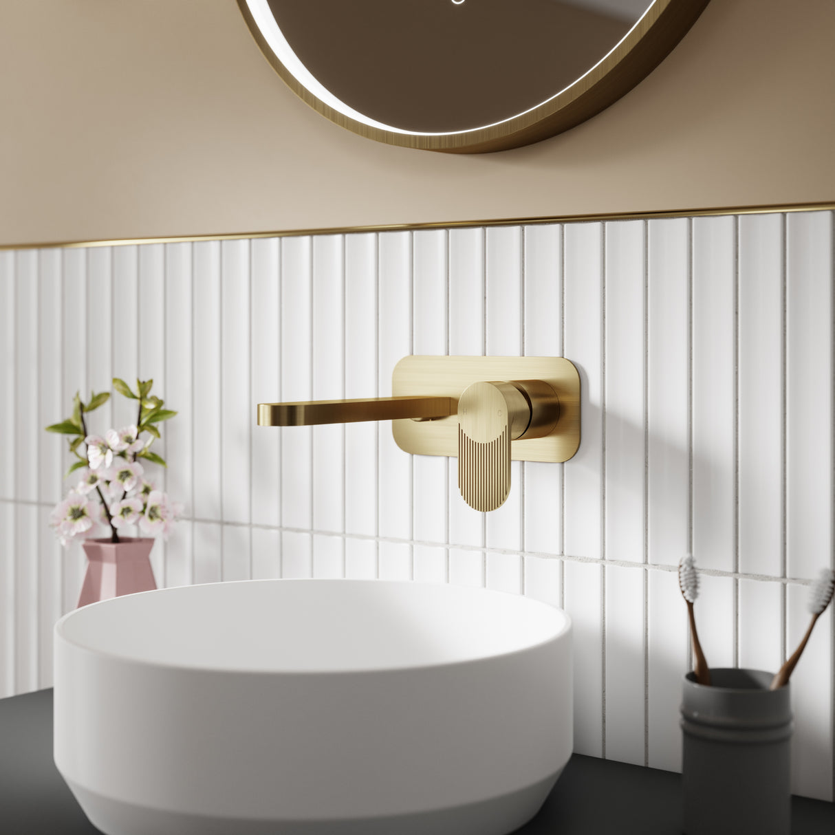 Nuie Cyprus 2-Hole Wall Mounted Basin Mixer Tap with Plate Brushed Brass BIN828F LS