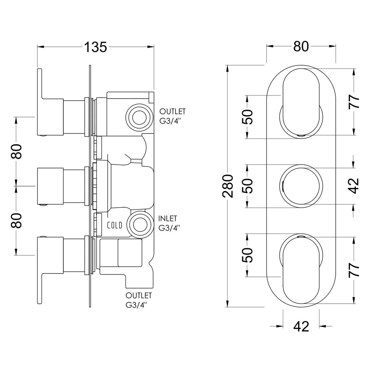 Nuie Binsey 3 Outlet Thermostatic Concealed Shower Valve With Diverter Chrome BINTR03 LD