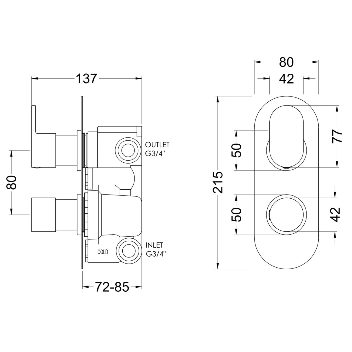 Nuie Binsey 2 Outlet Thermostatic Concealed Shower Valve With Diverter Chrome BINTW02 LD