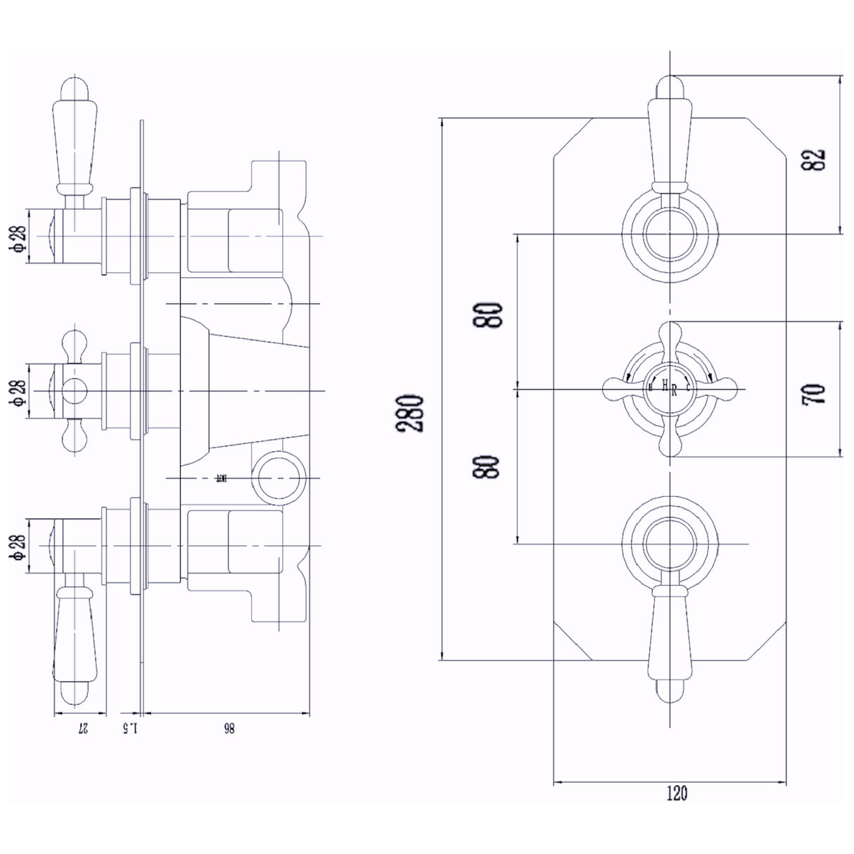 Hudson Reed Topaz 3 Outlet Thermostatic Concealed Shower Valve With Diverter BTSVT005 LD