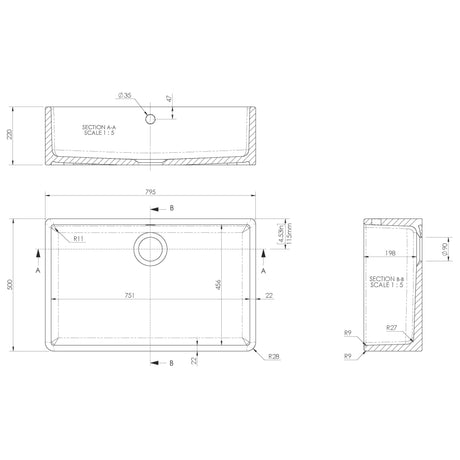 Nuie Butler Sink With Central Waste & Overflow 795 x 500 x 220mm - White BU10132 LD