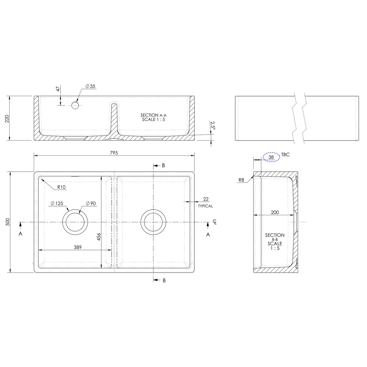 Nuie 2.0 Bowl Butler Sink With Stepped Weir & Overflow 795 x 500 x 220mm - White BU111AS32D LD