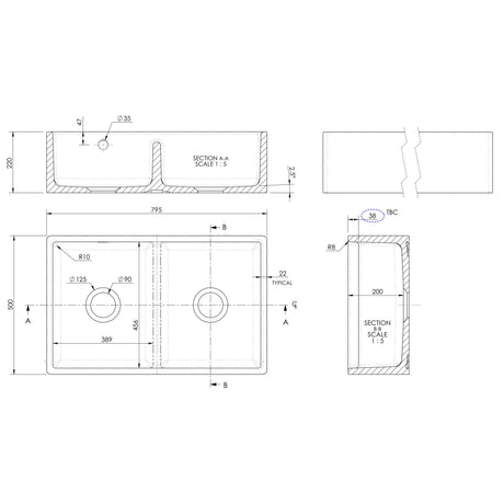 Nuie 2.0 Bowl Butler Sink With Stepped Weir & Overflow 795 x 500 x 220mm - White BU111AS32D LD