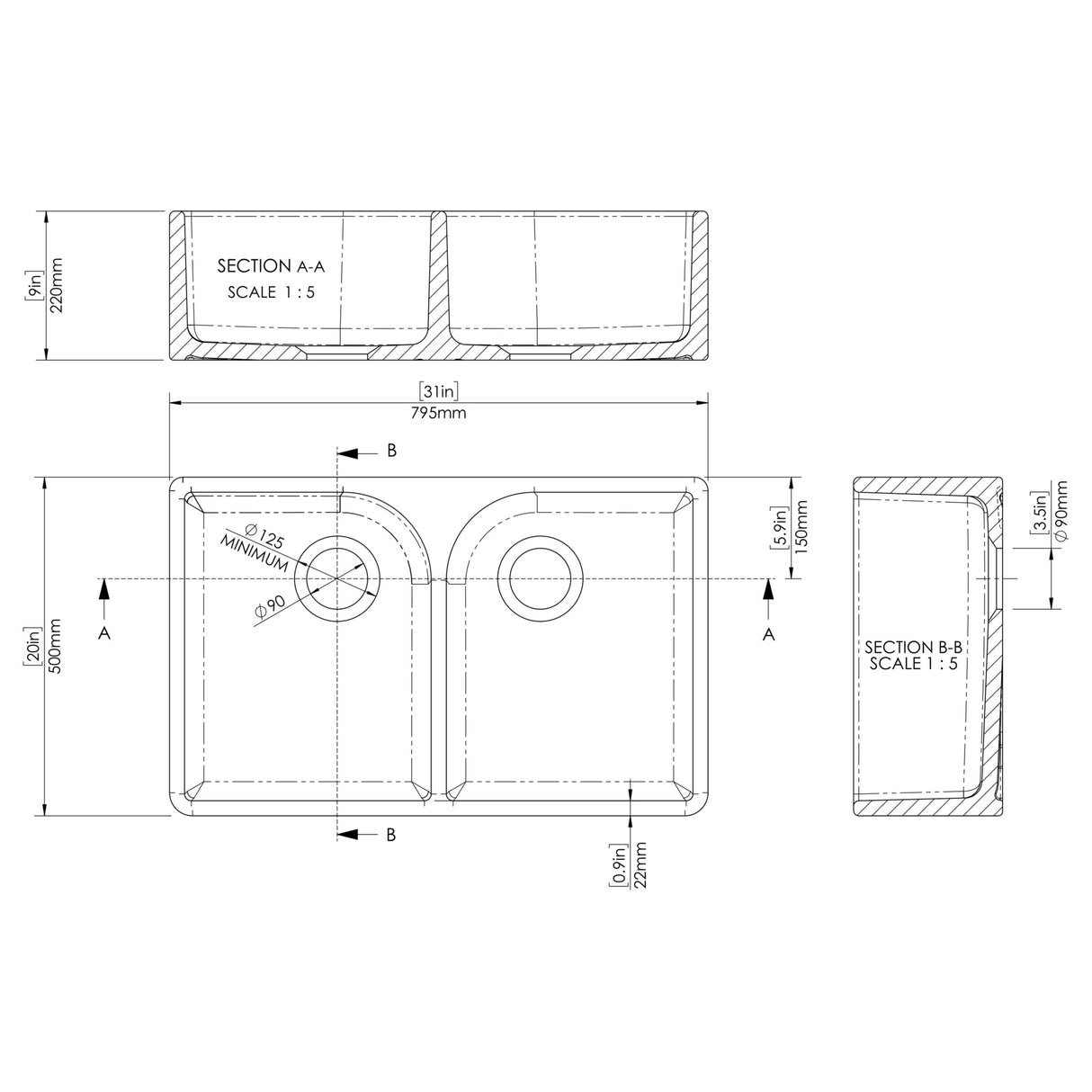 Nuie 2.0 Bowl Butler Sink With Flush Weir 795 x 500 x 220mm - White BU120AF32D LD
