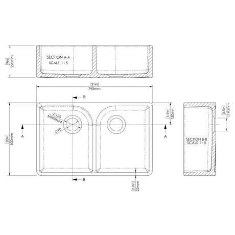 Nuie 2.0 Bowl Butler Sink With Flush Weir 795 x 500 x 220mm - White BU120AF32D LD