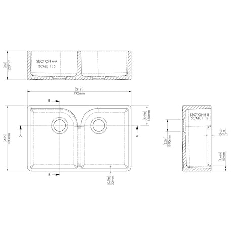 Nuie 2.0 Bowl Butler Sink With Stepped Weir 795 x 500 x 220mm - White BU120AS32D LD