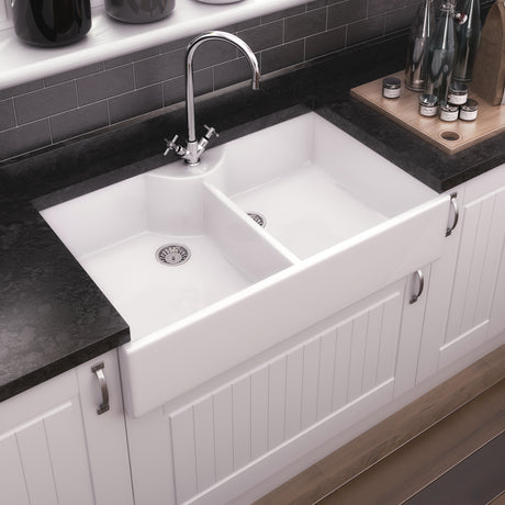 Nuie 2.0 Bowl Butler Sink With Stepped Weir & Tap Ledge 895 x 550 x 220mm - White BU120AS36D LS