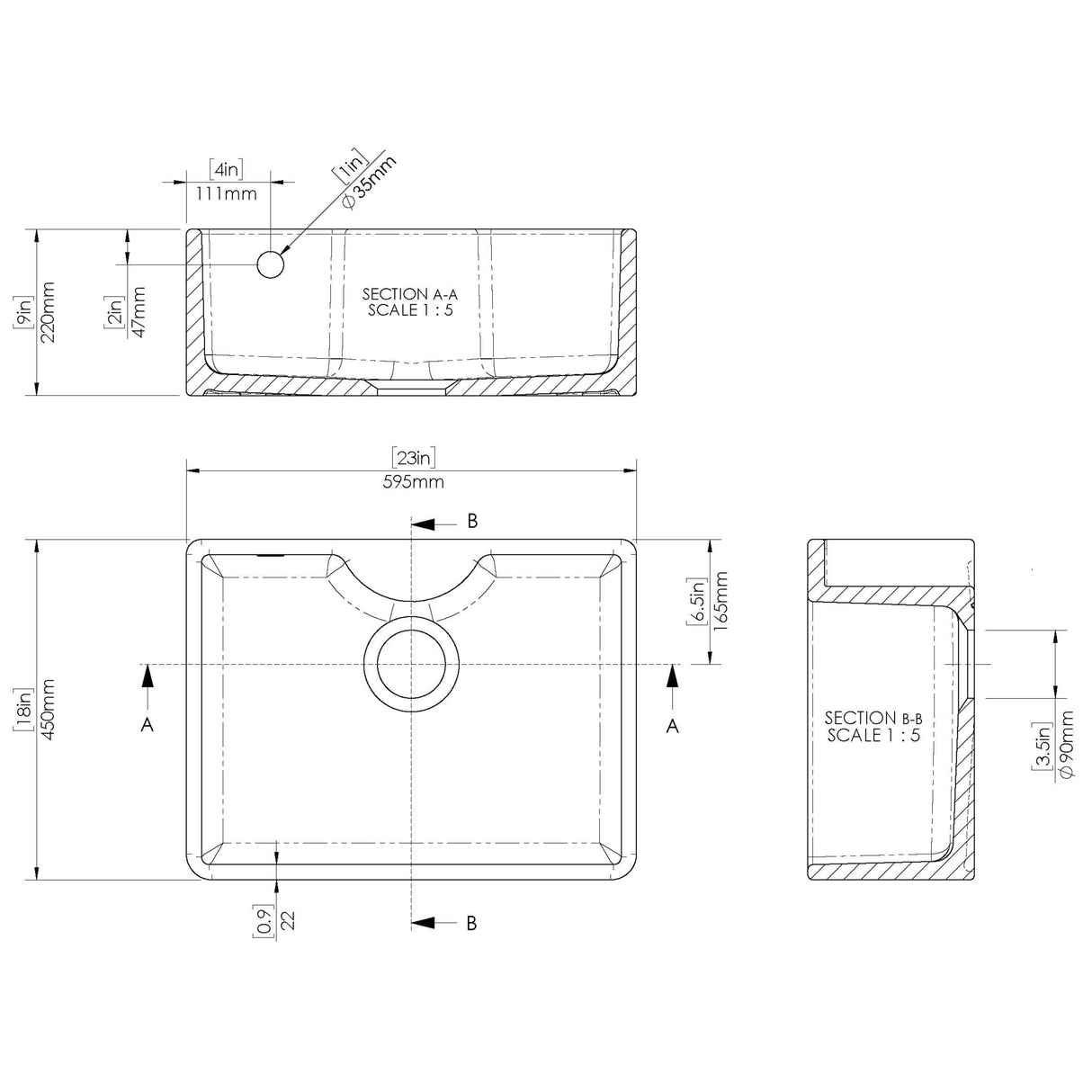 Nuie Butler Sink With Central Waste, Overflow & Tap Ledge 595 x 450 x 220mm - White BU12124 LD