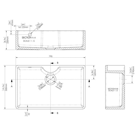 Nuie Butler Sink With Central Waste, Overflow & Tap Ledge 795 x 500 x 220mm - White BU12132 LD