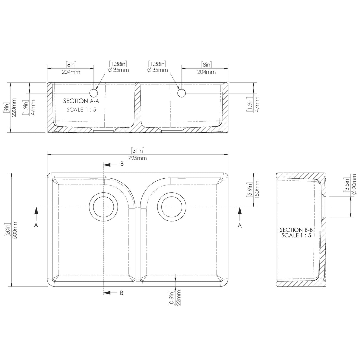Nuie 2.0 Bowl Butler Sink With Flush Weir & Overflow 795 x 500 x 220mm - White BU121AF32D LD