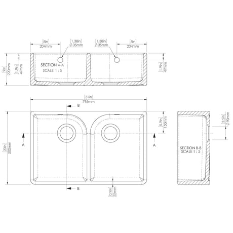 Nuie 2.0 Bowl Butler Sink With Flush Weir & Overflow 795 x 500 x 220mm - White BU121AF32D LD
