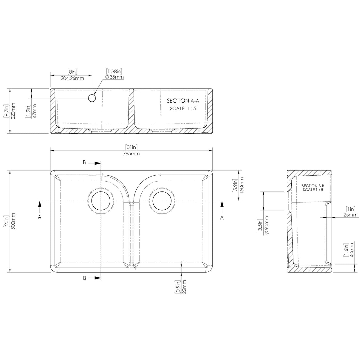Nuie 2.0 Bowl Butler Sink With Stepped Weir & Overflow 795 x 500 x 220mm - White BU121AS32D LD