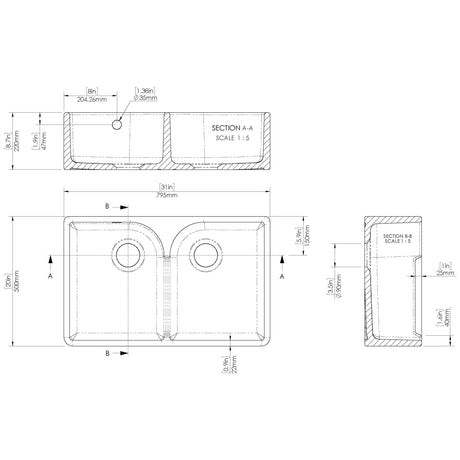 Nuie 2.0 Bowl Butler Sink With Stepped Weir & Overflow 795 x 500 x 220mm - White BU121AS32D LD
