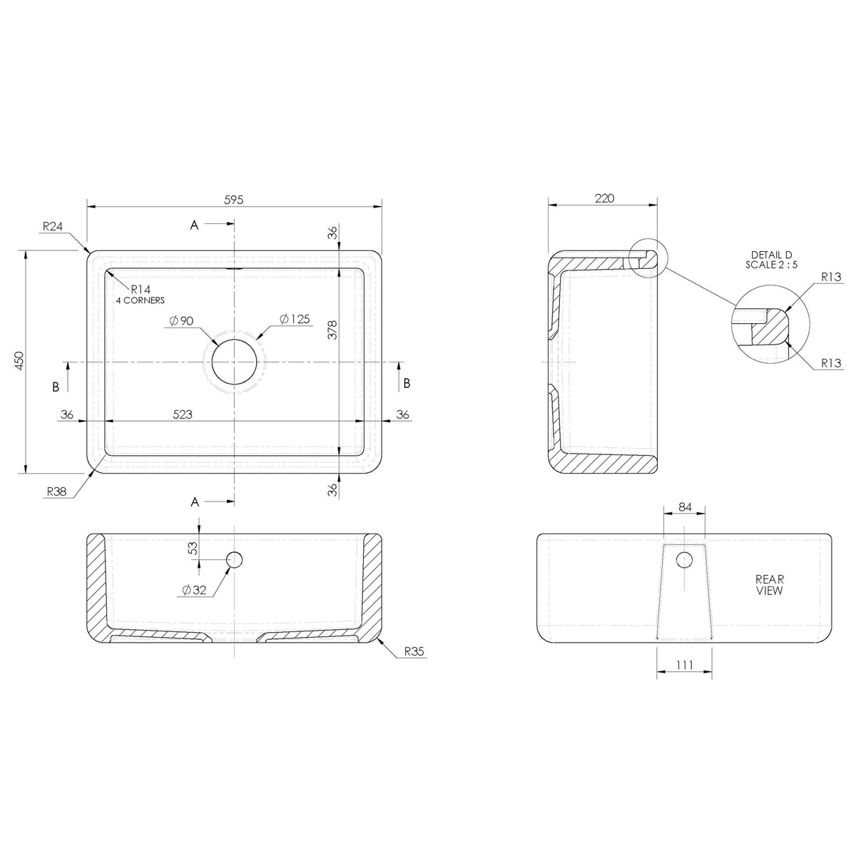 Nuie Traditional Thick Edge Butler Sink With Central Waste & Overflow 595 x 450 x 220mm - White BU17124 LD