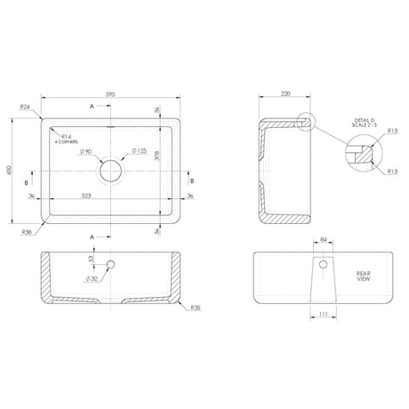 Nuie Traditional Thick Edge Butler Sink With Central Waste & Overflow 595 x 450 x 220mm - White BU17124 LD