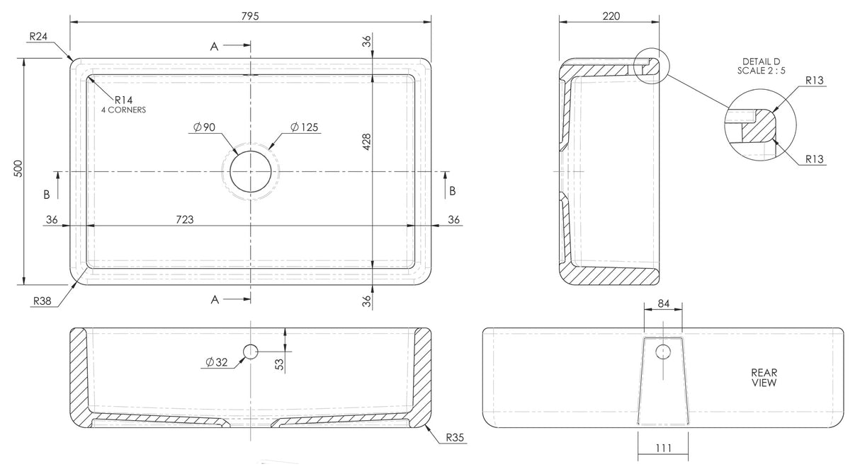 Nuie Traditional Thick Edge Butler Sink With Central Waste & Overflow 795 x 500 x 220mm  - White BU17132 LD