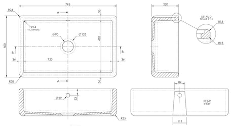 Nuie Traditional Thick Edge Butler Sink With Central Waste & Overflow 795 x 500 x 220mm  - White BU17132 LD
