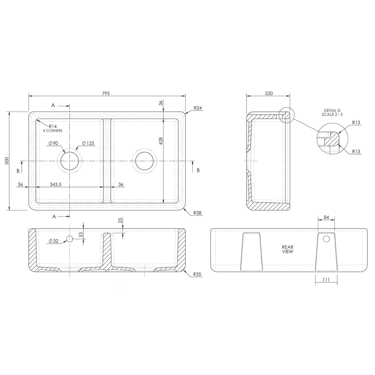 Nuie Traditional 2.0 Bowl Thick Edge Butler Sink With Overflow 795 x 500 x 220mm  - White BU171AS32D LD