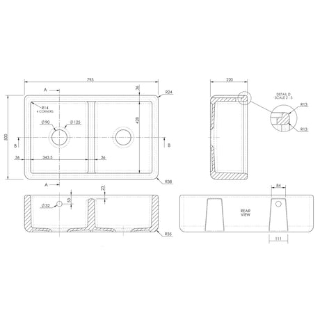 Nuie Traditional 2.0 Bowl Thick Edge Butler Sink With Overflow 795 x 500 x 220mm  - White BU171AS32D LD