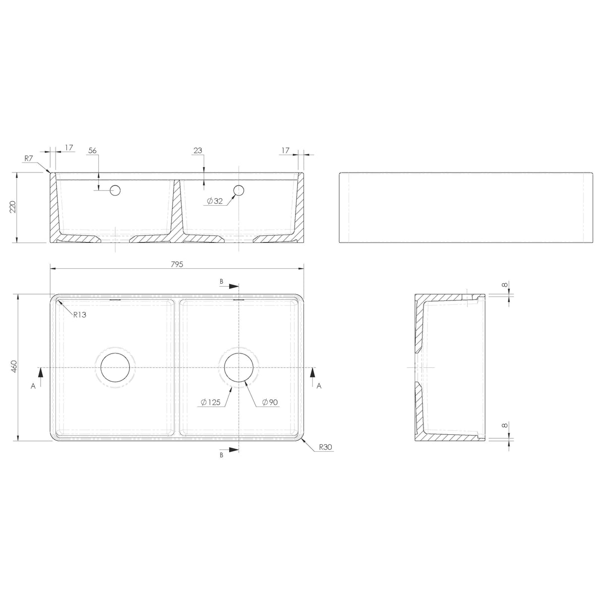 Nuie 2.0 Bowl Butler Sink With Ledge, Grid & Chopping Board 795 x 460 x 220mm  - White BU181AF32DWBG LD