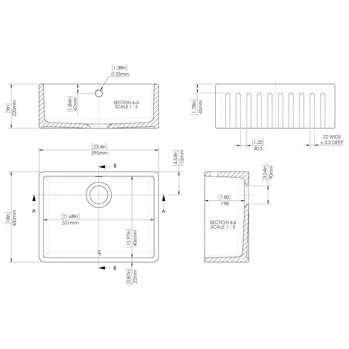 Nuie Deco Butler Sink With Central Waste & Overflow 595 x 450 x 220mm - White BUF10124 LD