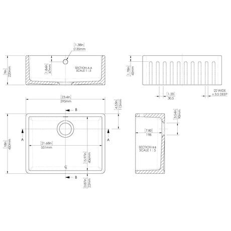 Nuie Deco Butler Sink With Central Waste & Overflow 595 x 450 x 220mm - White BUF10124 LD