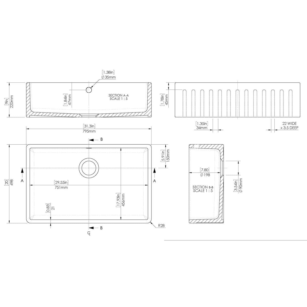 Nuie Deco Butler Sink With Central Waste & Overflow 795 x 500 x 220mm - White BUF10132 LD