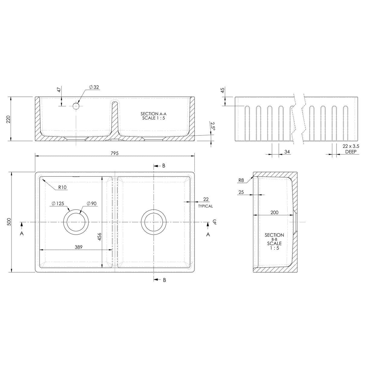 Nuie Deco 2.0 Bowl Butler Sink With Stepped Weir & Overflow 795 x 500 x 220mm - White BUF111AS32D LD