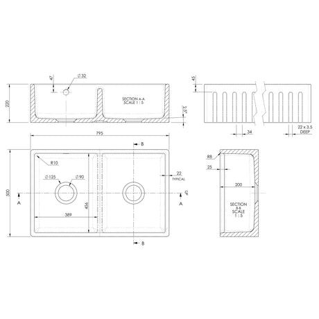 Nuie Deco 2.0 Bowl Butler Sink With Stepped Weir & Overflow 795 x 500 x 220mm - White BUF111AS32D LD