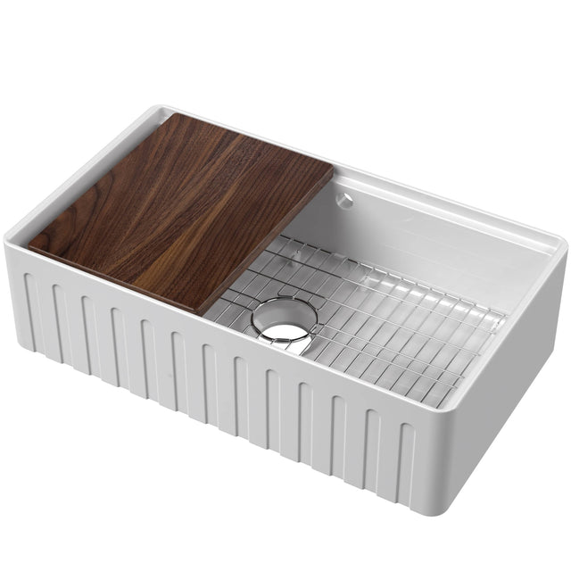 Nuie Fluted Butler Sink With Ledge, Grid & Chopping Board 795 x 460 x 220mm  - White BUF18132WBG
