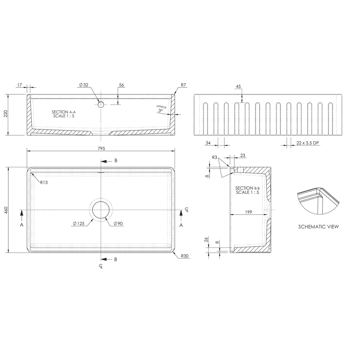 Nuie Butler Sink With Ledge, Grid & Chopping Board 795 x 460 x 220mm  - White BU18132WBG LD