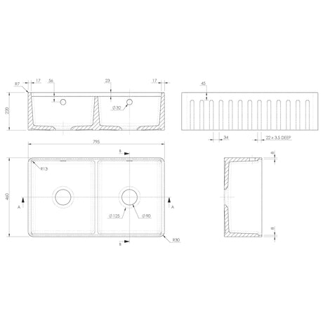 Nuie 2.0 Bowl Fluted Butler Sink With Ledge, Grid & Chopping Board 795 x 460 x 220mm  - White BUF181AF32DWBG LD