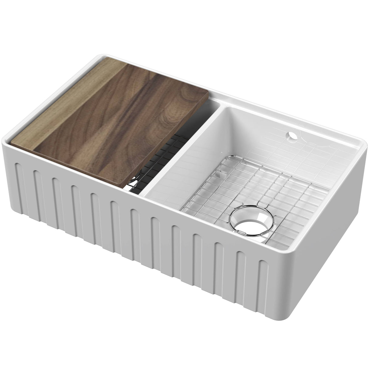Nuie 2.0 Bowl Fluted Butler Sink With Ledge, Grid & Chopping Board 795 x 460 x 220mm  - White BUF181AF32DWBG