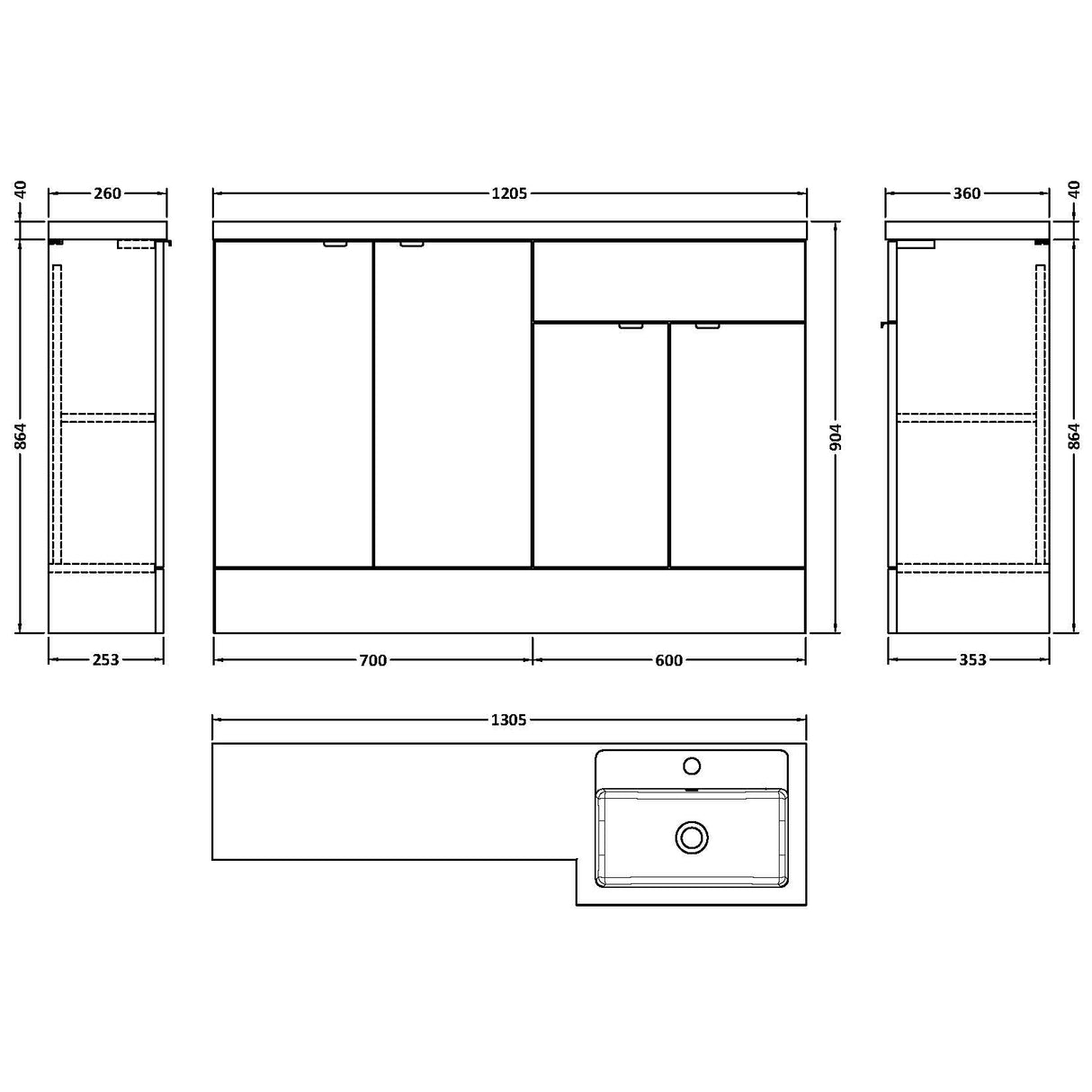 Hudson Reed 1200mm Fusion Full Depth Basin Vanity Unit (600mm), 4 Doors Gloss White CBI112 LD