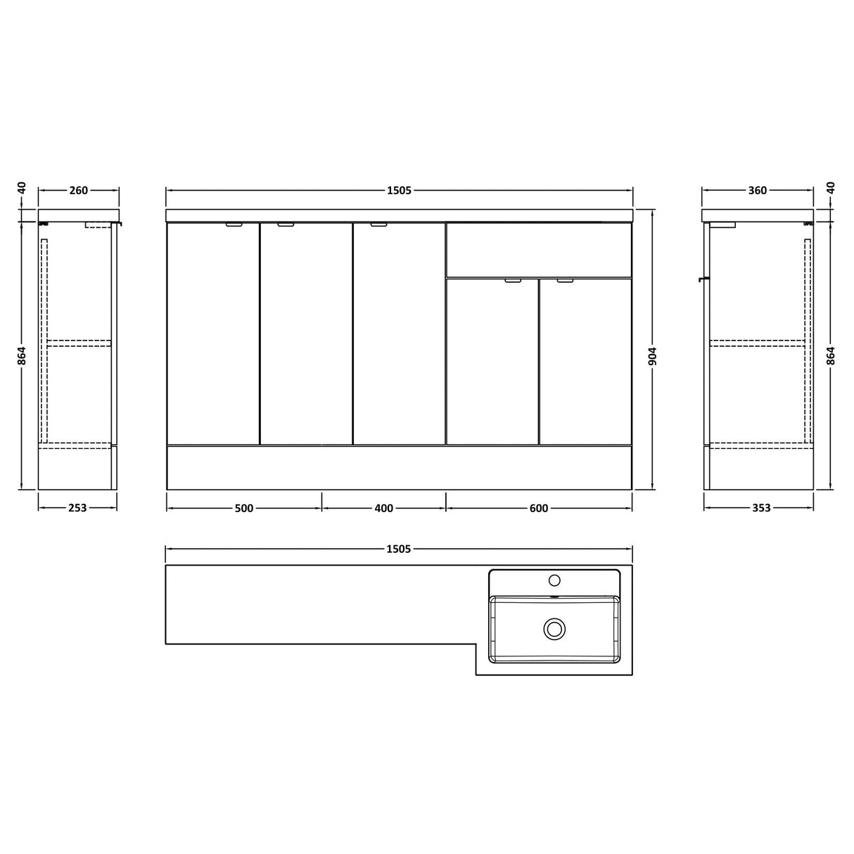 Hudson Reed Fusion 1500mm Full Depth Basin Vanity Unit (600mm), 5 Doors Gloss White CBI118 LD