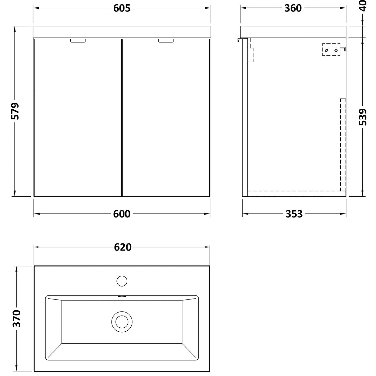 Hudson Reed Fusion 600mm Full Depth Wall Hung Basin Vanity Unit & Basin, 2 Doors Gloss White CBI136A LD