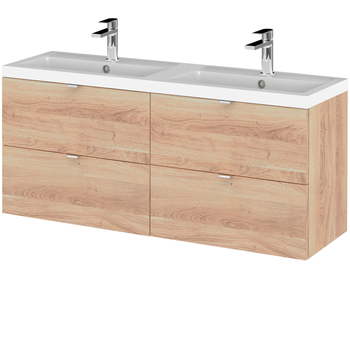 Hudson Reed Fusion 1200mm Full Depth Wall Hung Double Basin Vanity Unit & Basin, 4 Drawers Bleached Oak CBI3032A