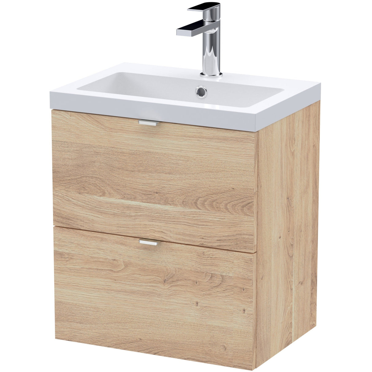 Hudson Reed Fusion 500mm Full Depth Wall Hung Basin Vanity Unit & Basin, 2 Drawers Bleached Oak CBI3041