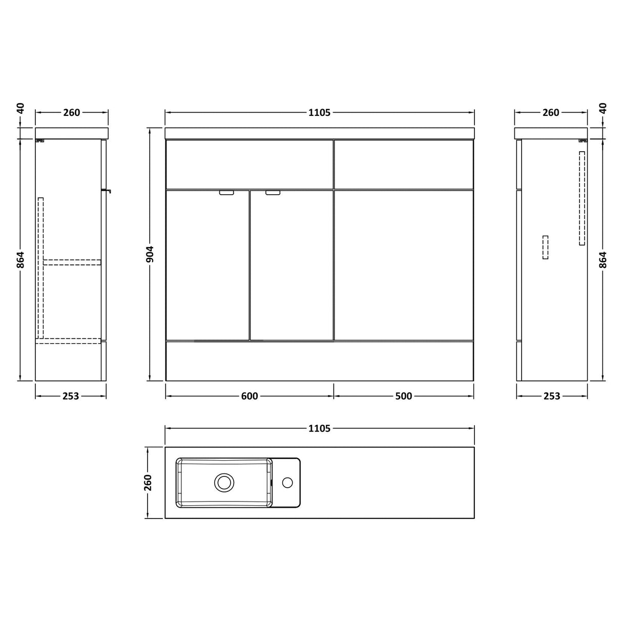 Hudson Reed Fusion Slimline Toilet & Basin Suite, 2 Door Vanity Unit (600mm), W1100mm Anthracite Woodgrain CBI501 LD