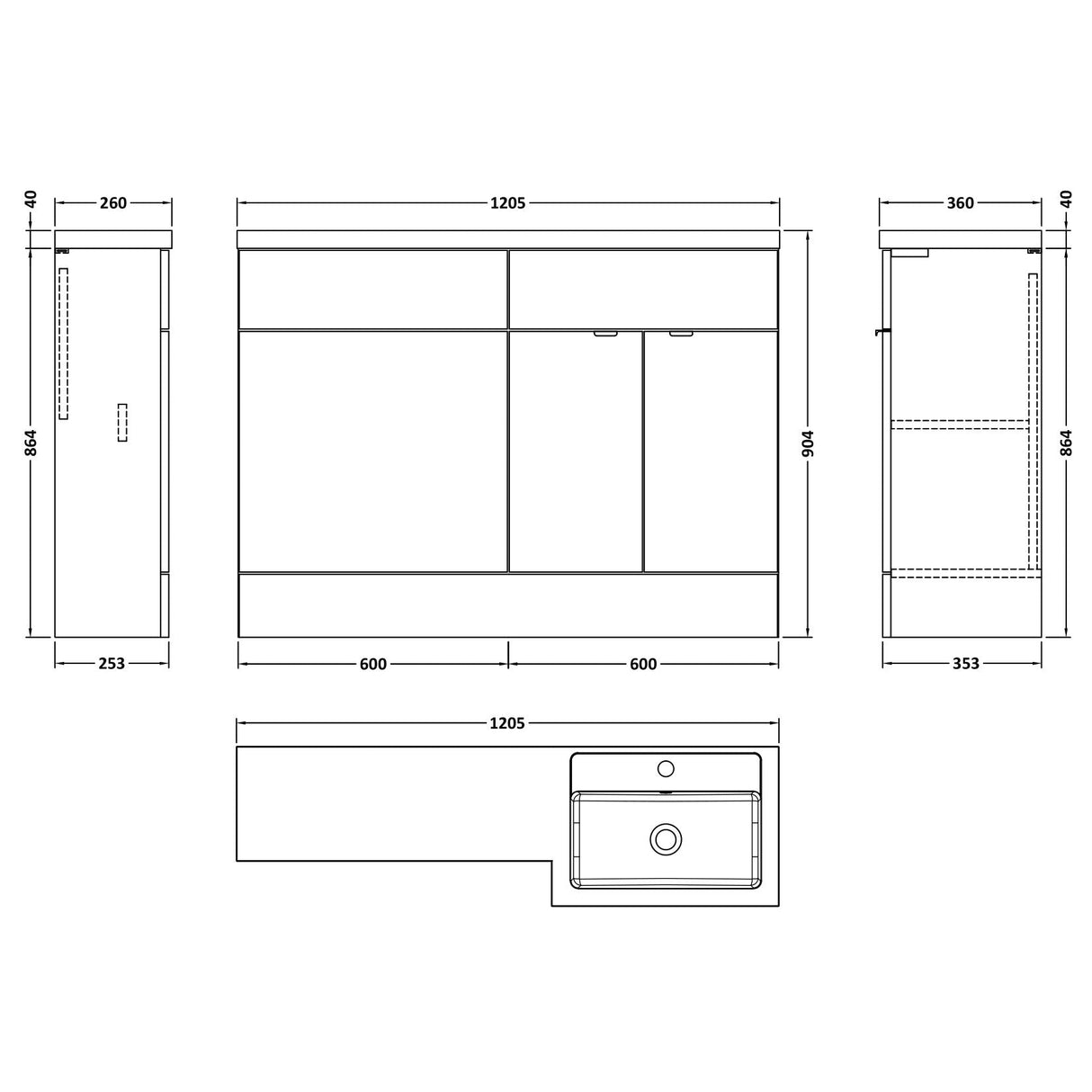 Hudson Reed Fusion Full Depth Toilet & Basin Suite, 2 Door Vanity Unit (600mm), W1200mm Anthracite Woodgrain CBI510 LD