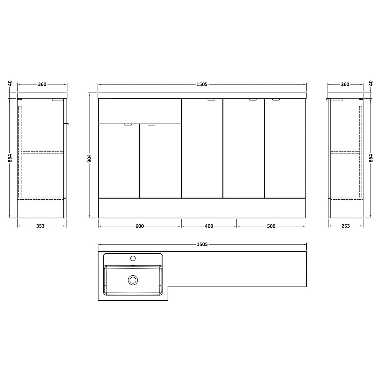 Hudson Reed Fusion 1500mm Full Depth Basin Vanity Unit (600mm), 5 Doors Anthracite Woodgrain CBI517 LD