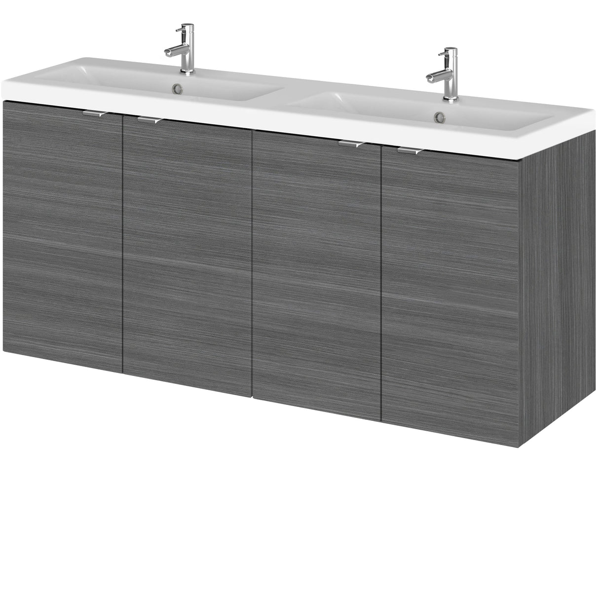 Hudson Reed Fusion 1200mm Full Depth Wall Hung Double Basin Vanity Unit & Basin, 4 Doors Anthracite Woodgrain CBI533A