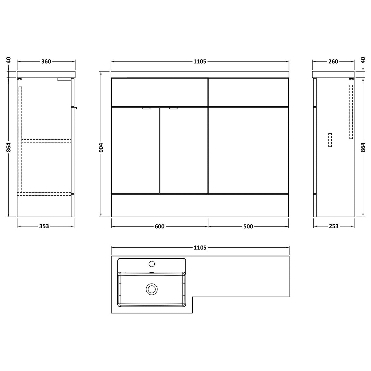 Hudson Reed Fusion Full Depth Toilet & Basin Suite, 2 Door Vanity Unit (600mm), W1100mm Charcoal Black CBI602 LD