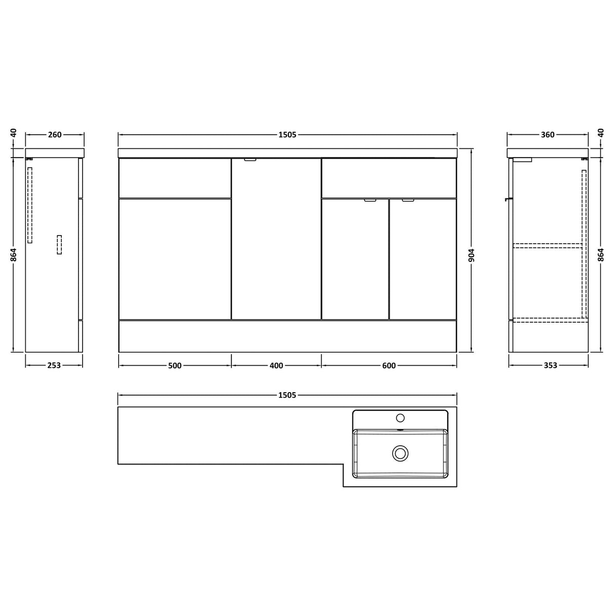 Hudson Reed Fusion 1500mm Full Depth Toilet & Basin Suite, 3 Door Vanity Unit (600mm) Charcoal Black CBI616 LD