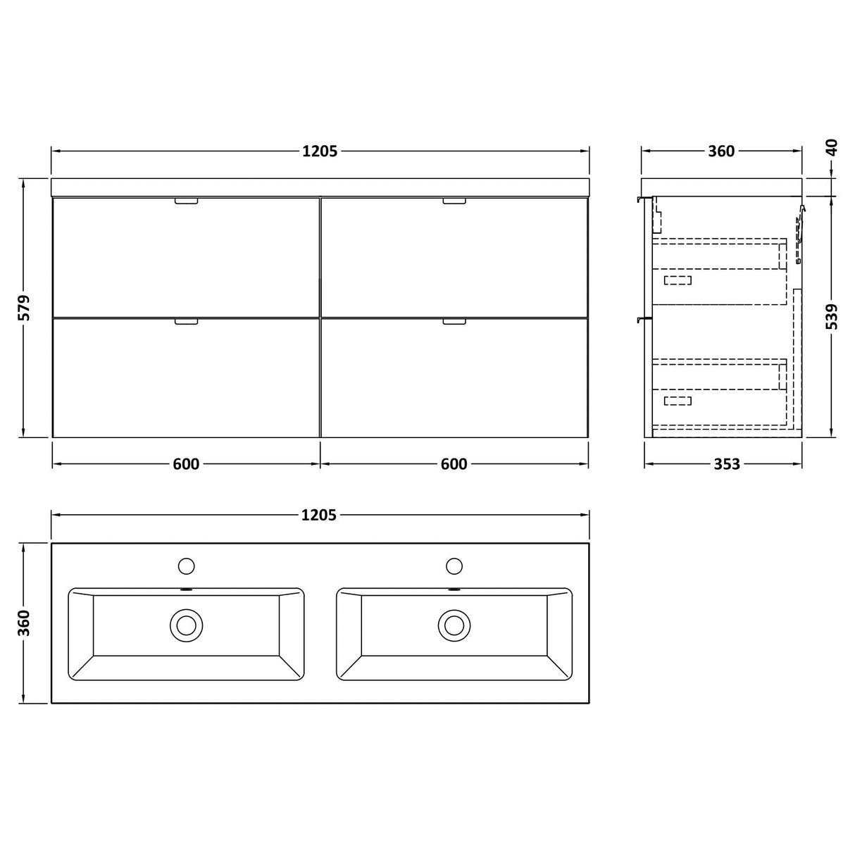 Hudson Reed Fusion 1200mm Full Depth Wall Hung Double Basin Vanity Unit & Basin, 4 Drawers Charcoal Black CBI632A LD