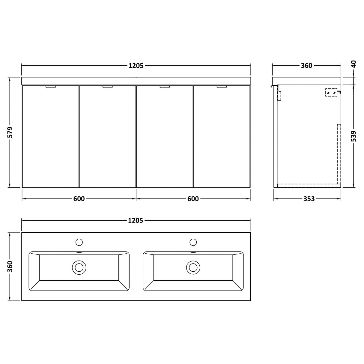 Hudson Reed Fusion 1200mm Full Depth Wall Hung Double Basin Vanity Unit & Basin, 4 Doors Charcoal Black CBI633A LD