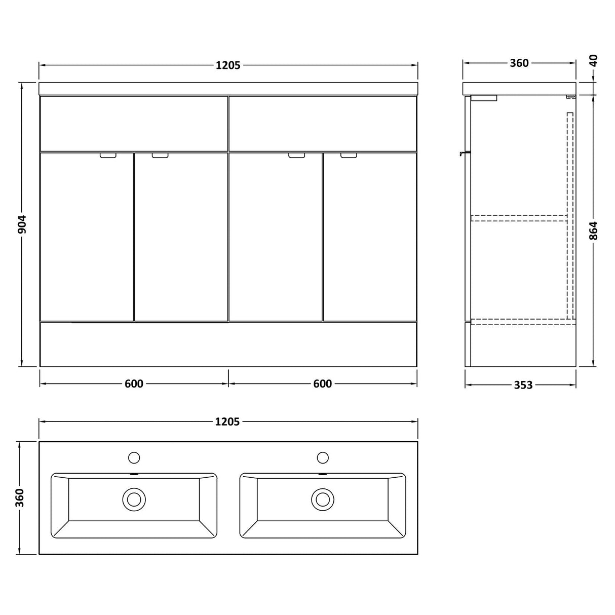 Hudson Reed Fusion 1200mm Full Depth Double Basin Vanity Unit & Basin, 4 Doors Charcoal Black CBI634A LD