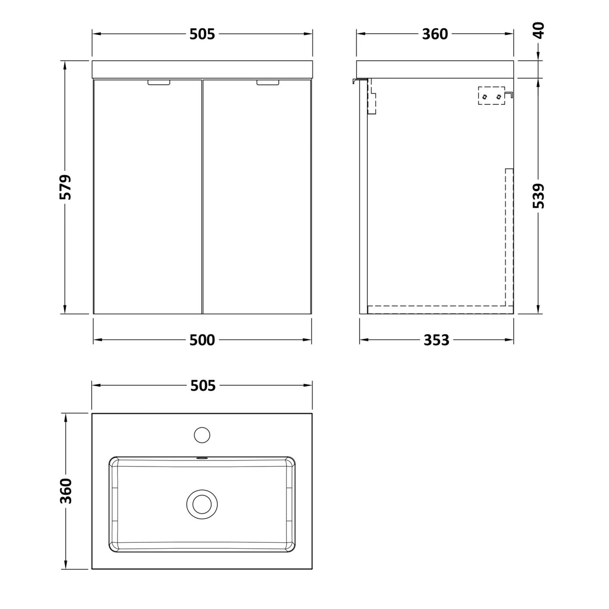 Hudson Reed Fusion 500mm Full Depth Wall Hung Basin Vanity Unit & Basin, 2 Doors Charcoal Black CBI640 LD