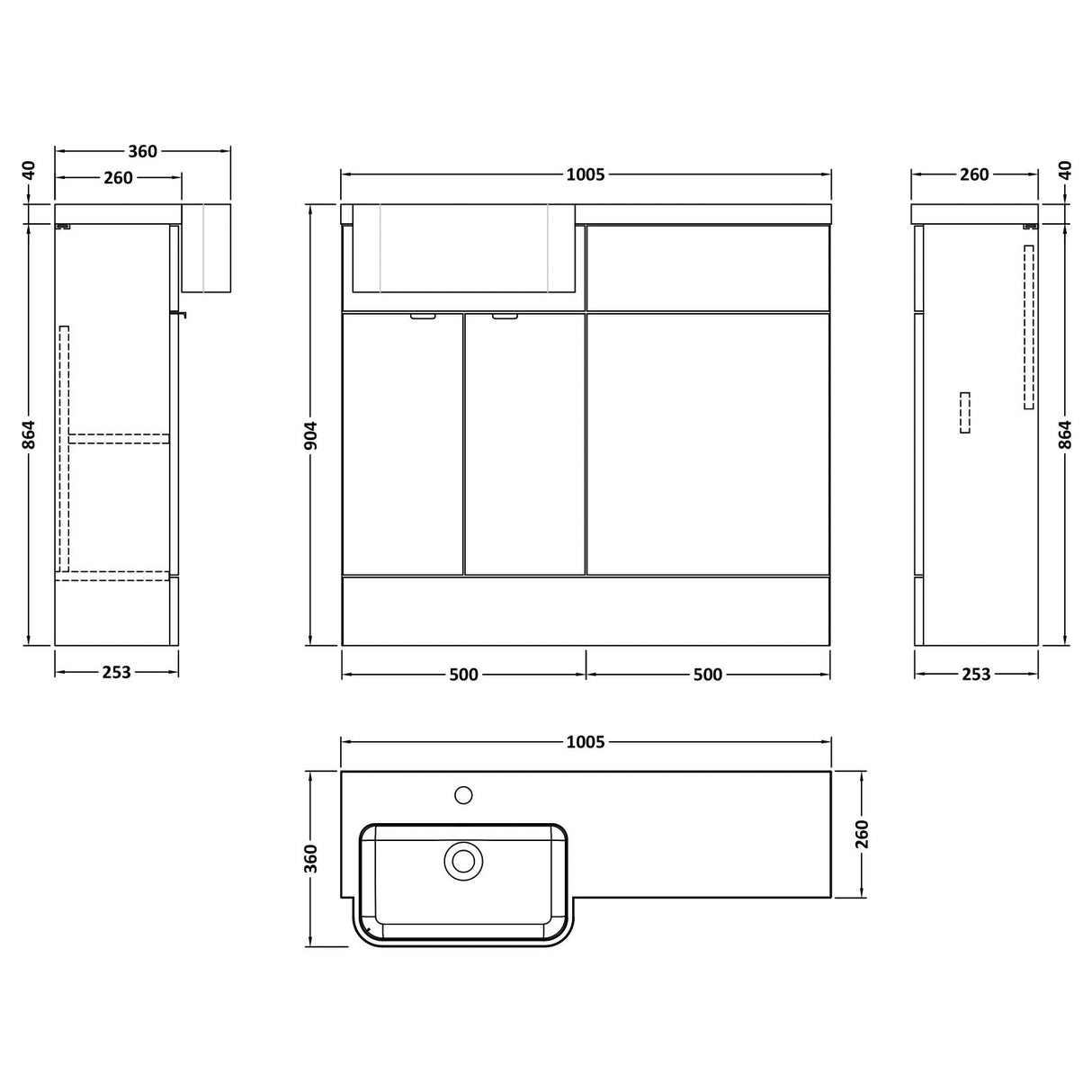 Hudson Reed Fusion Round Semi-Recessed Toilet & Basin Suite, 2 Door Vanity Unit (500mm), W1000mm Charcoal Black CBI644 LD