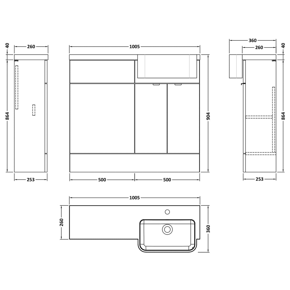 Hudson Reed Fusion Round Semi-Recessed Toilet & Basin Suite, 2 Door Vanity Unit (500mm), W1000mm Charcoal Black CBI645 LD
